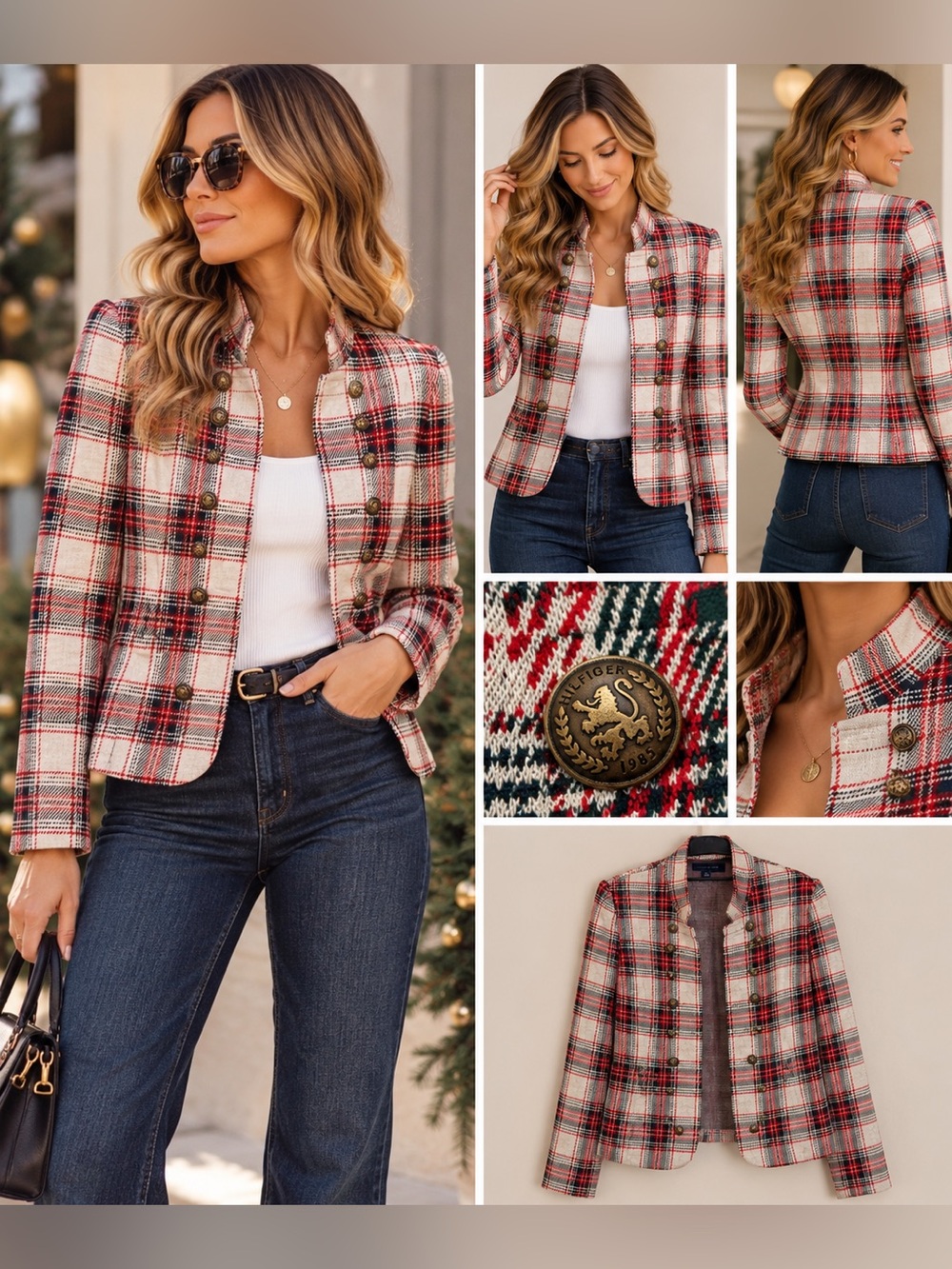 Tommy Hilfiger Plaid Military Blazer Jacket Red Navy Cream Size M